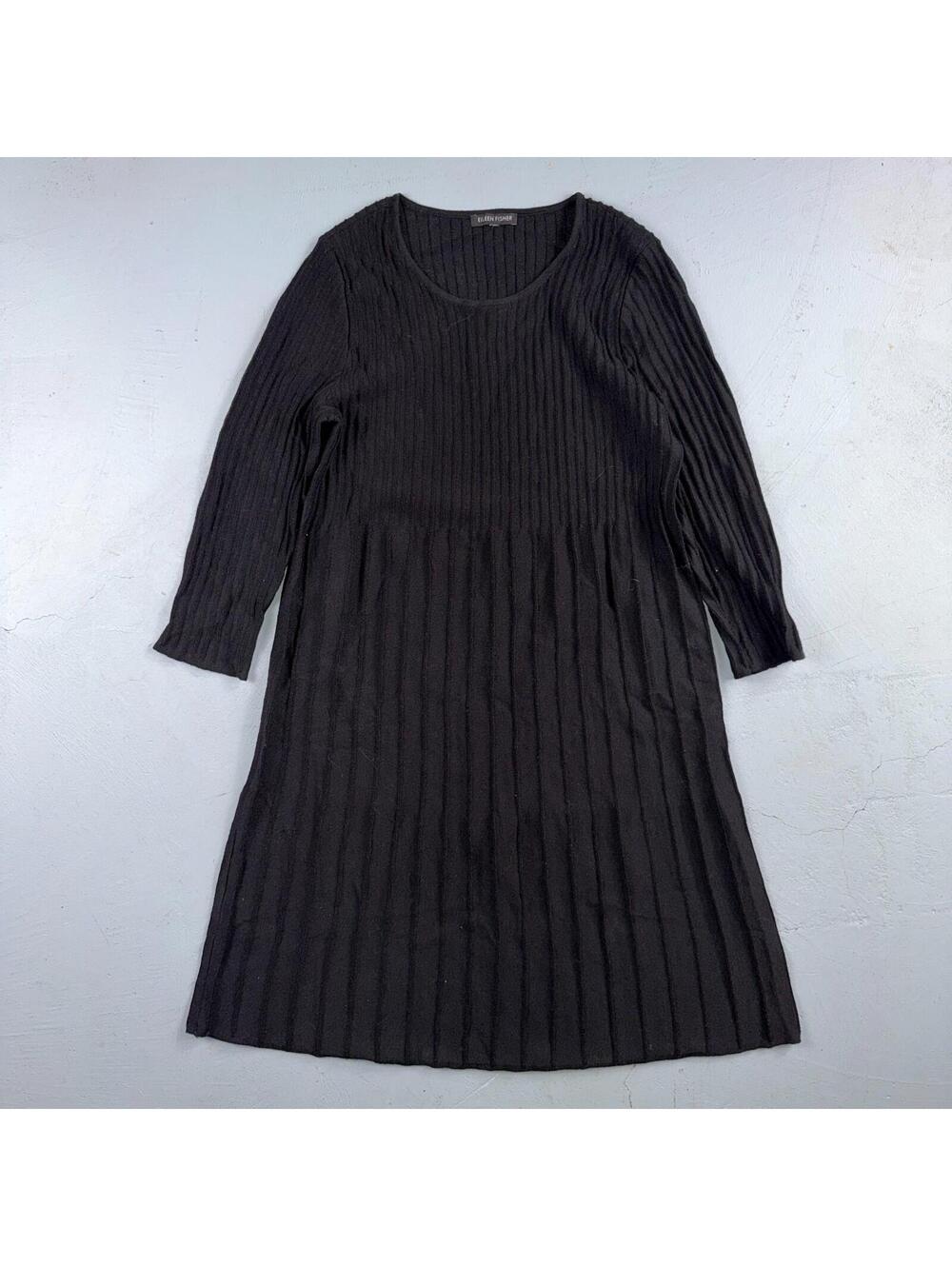 Eileen Fisher Wool Knit Ribbed and Pleated Black Shift Dress Cute Classy
